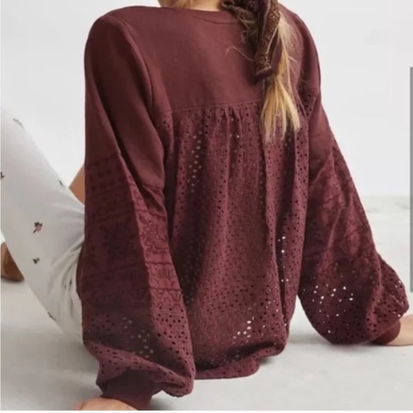 Anthropologie Tops - Anthropologie Maroon Eyelet Oversized Sweatshirt